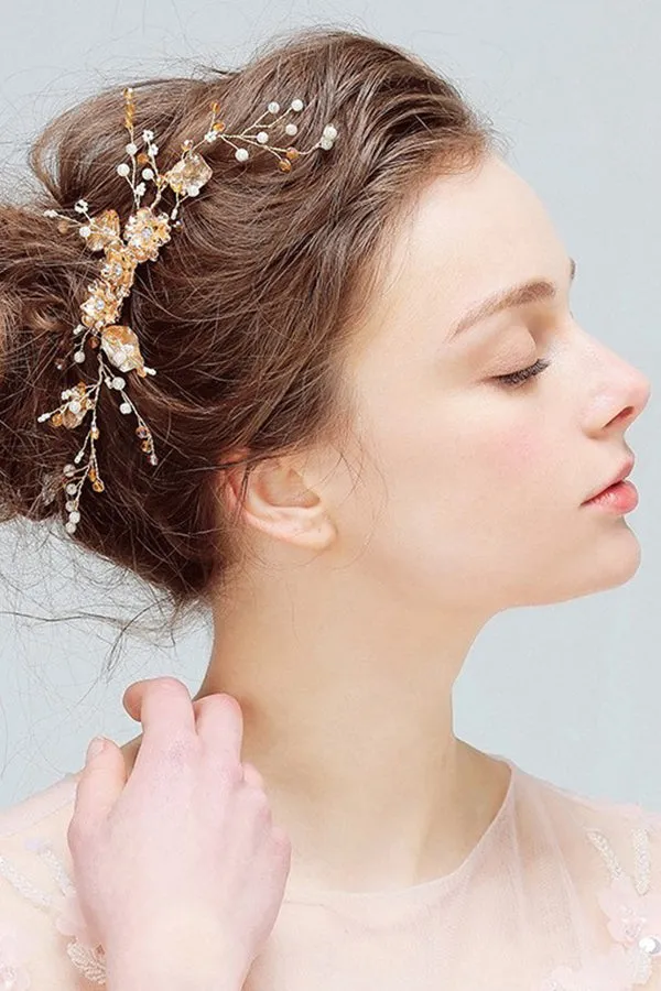 Aesthetic Delicate Gold Flower Rhinestone Crystal Pearl Manual Hair Comb-860270