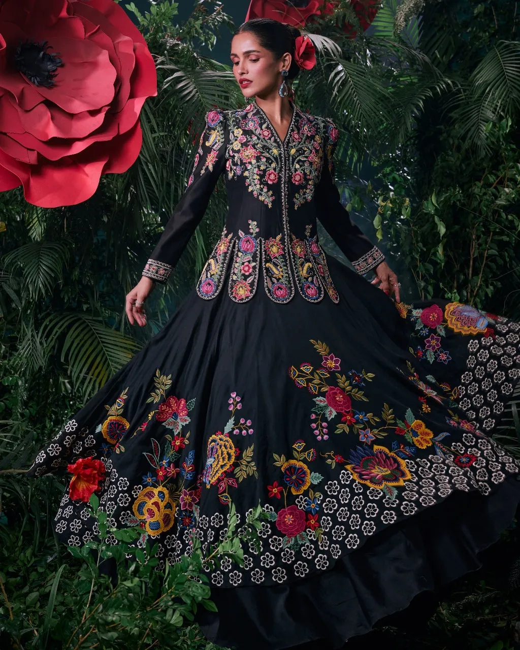 Black Floral Embroidered Layered Lehenga Set