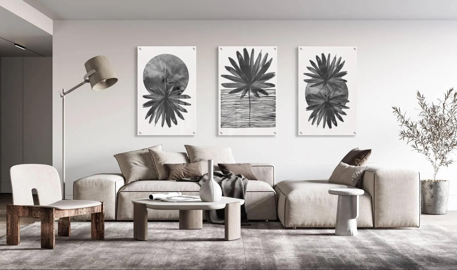 Black Leaves Pattern Set of 3 Prints Modern Wall Art Modern Artwork