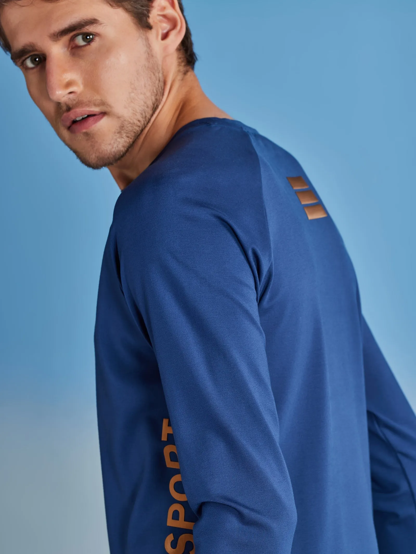 Blue Chest Print Stretch Urban T-Shirt