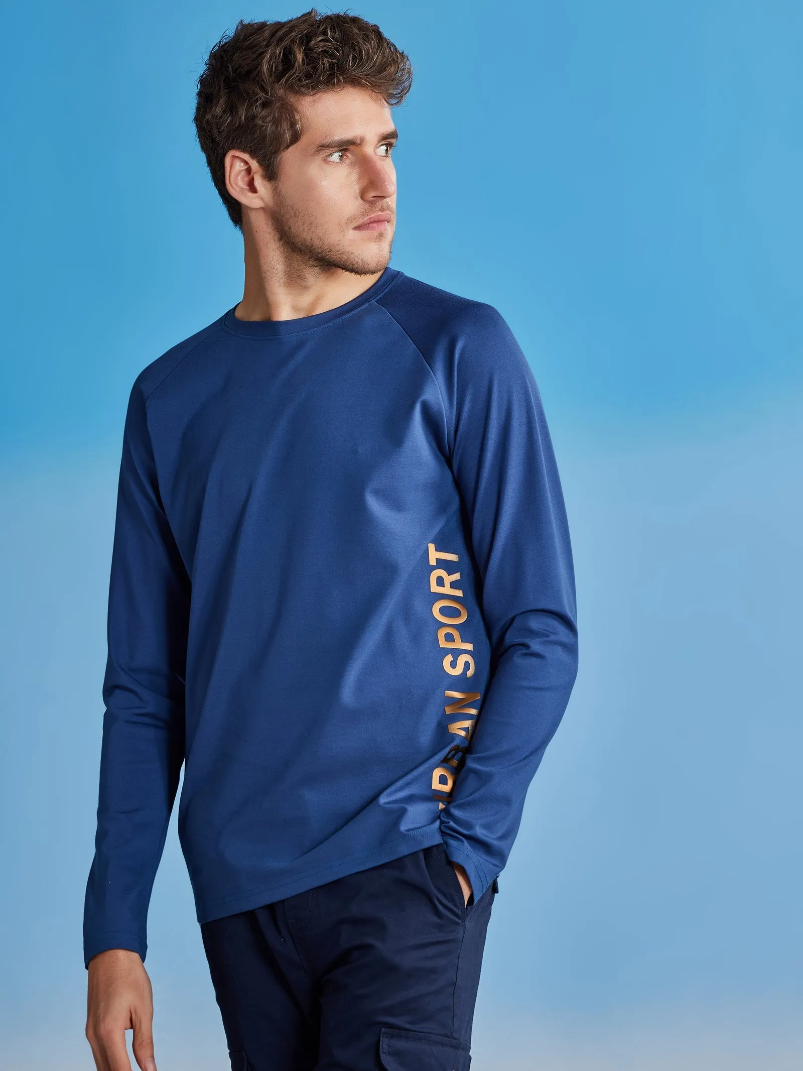 Blue Chest Print Stretch Urban T-Shirt