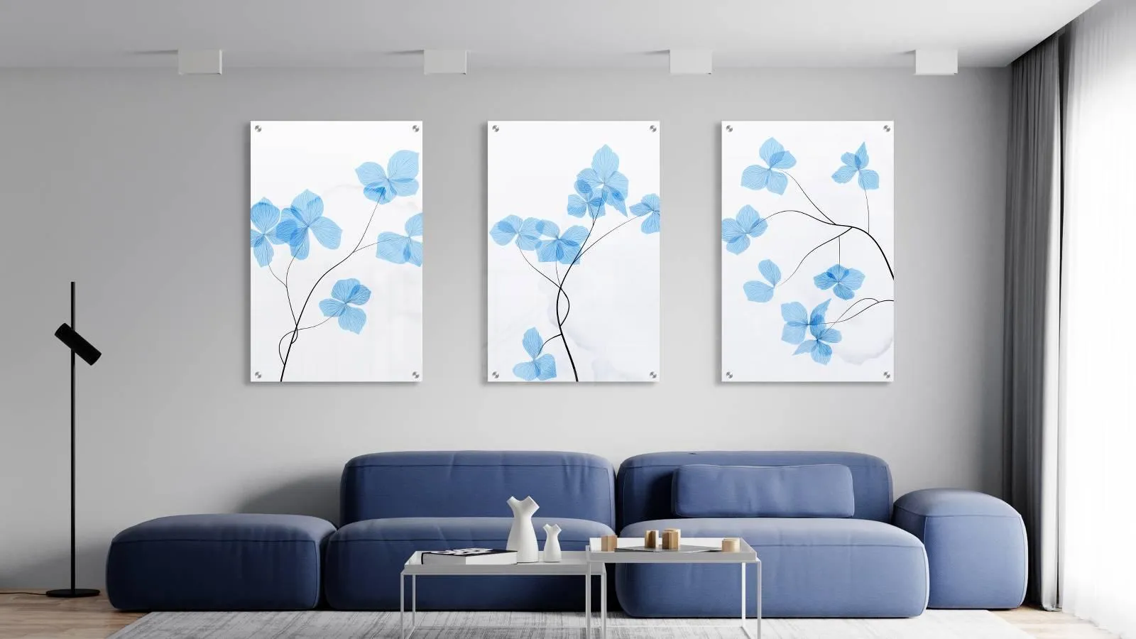 Blue Flowers Set of 3 Prints Modern Wall Art Modern Artwork