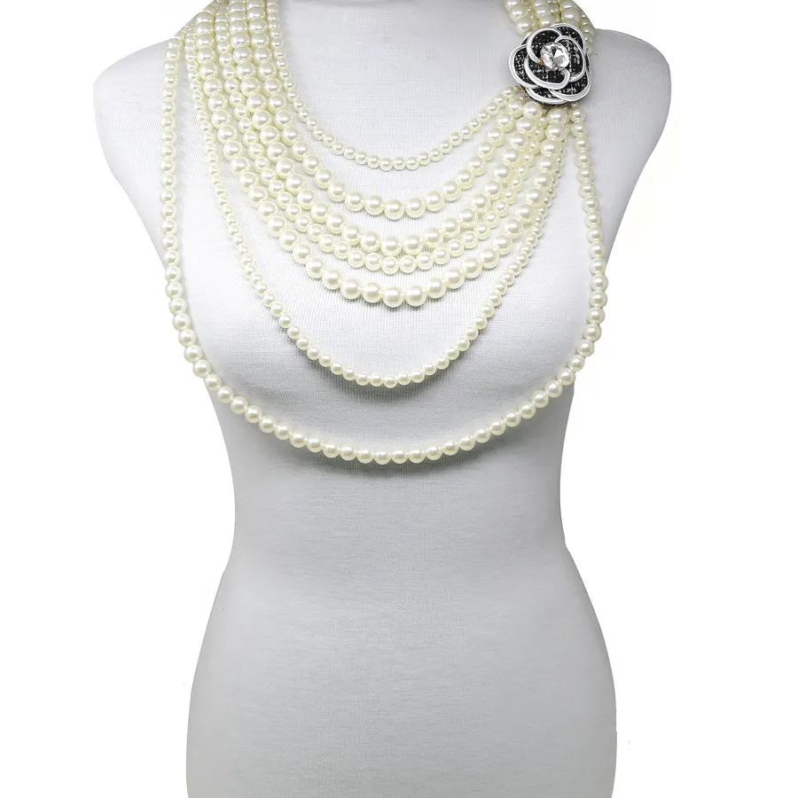 Camellia Flower Long Layered Pearl Necklace