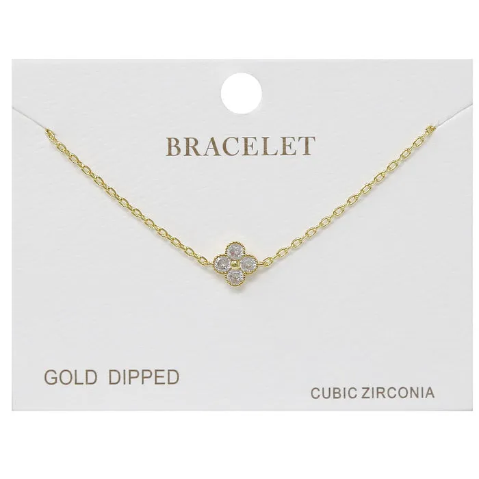 Clover Shape CZ Pave Charm Delicate Chain Bracelet