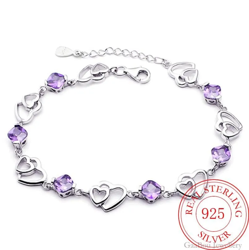 Delicate Heart Chain Amethyst Bracelet - 925 Sterling Silver