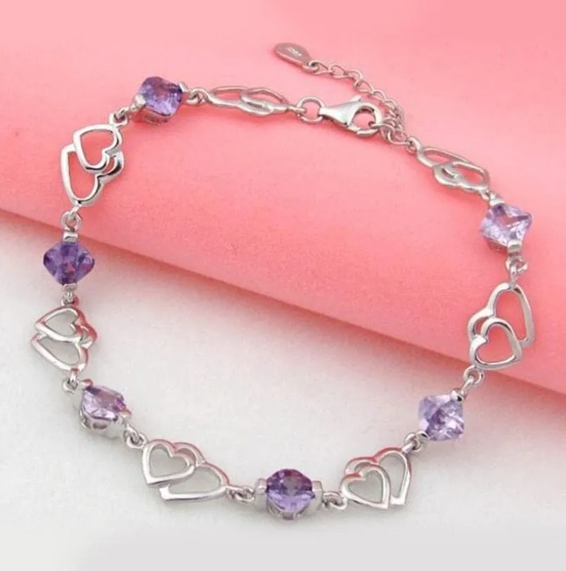 Delicate Heart Chain Amethyst Bracelet - 925 Sterling Silver