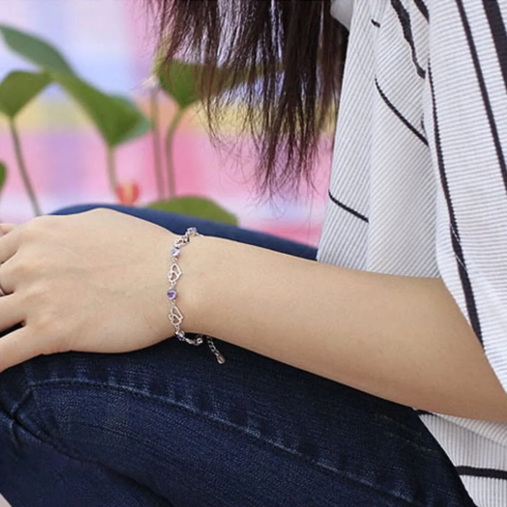 Delicate Heart Chain Amethyst Bracelet - 925 Sterling Silver