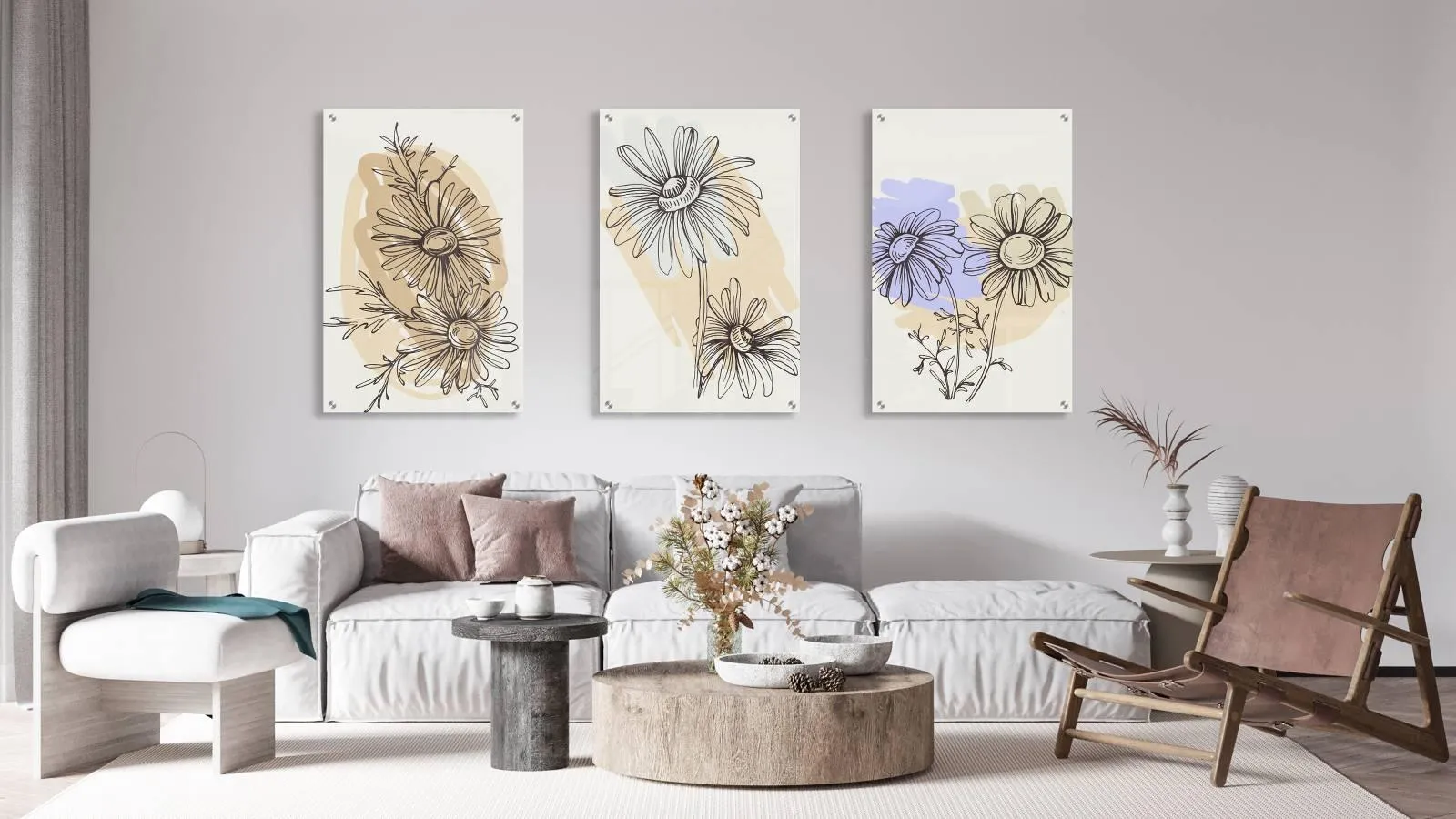 Flowers Pattern Set of 3 Prints Modern Wall Art Modern Artwork