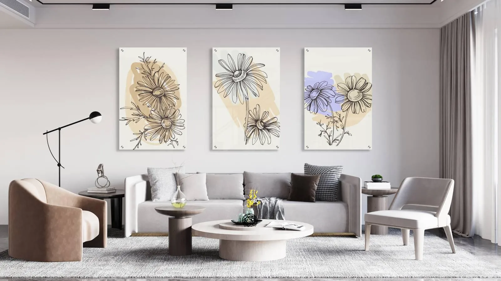 Flowers Pattern Set of 3 Prints Modern Wall Art Modern Artwork