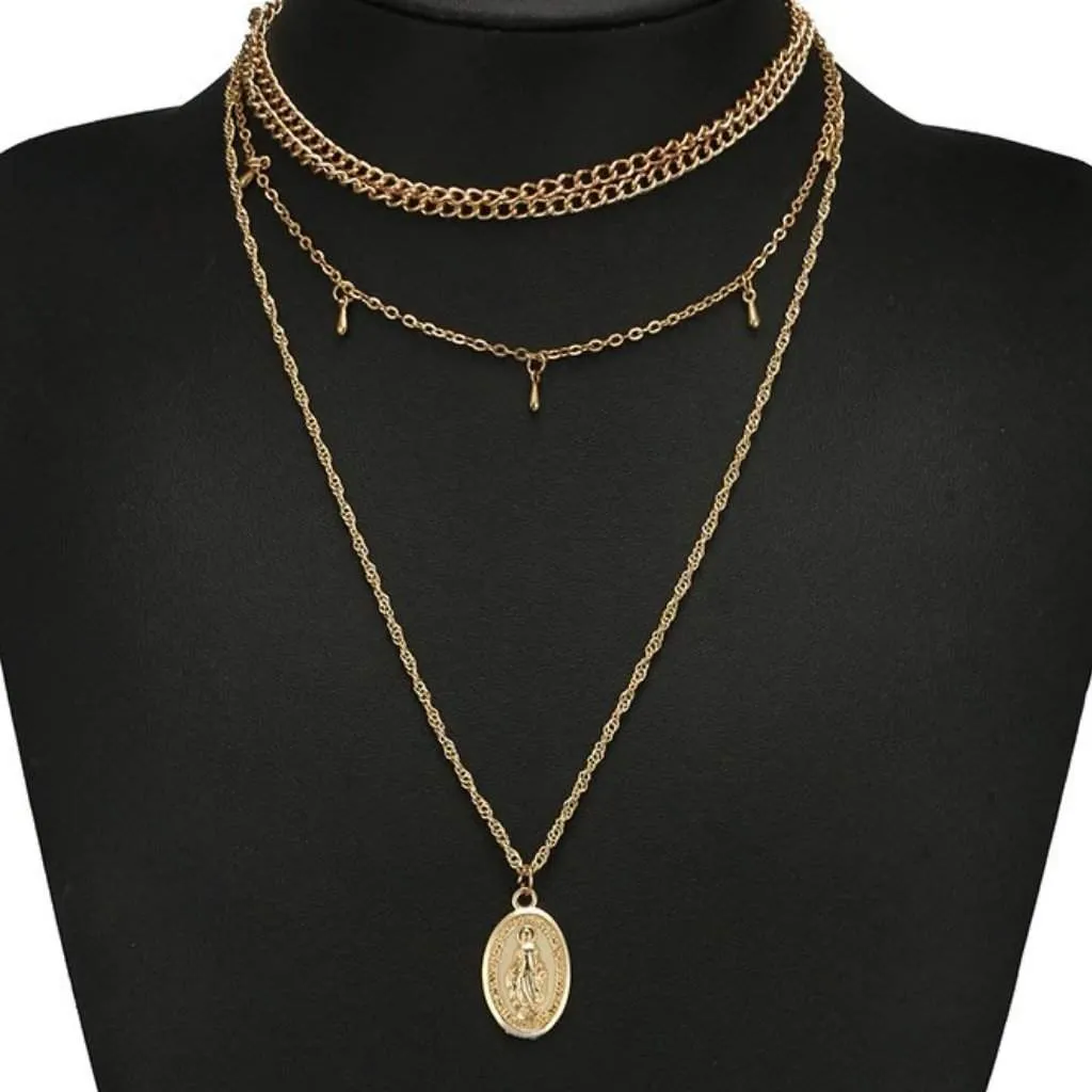 Gold Long Layered Virgin Mary Necklace