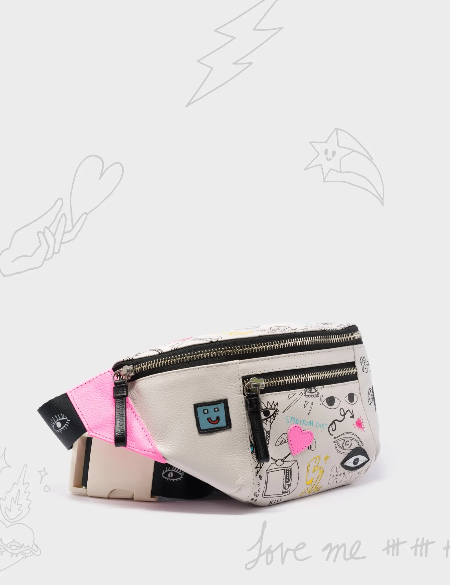 Harold Fanny Pack Cream Leather - Urban Doodles Print