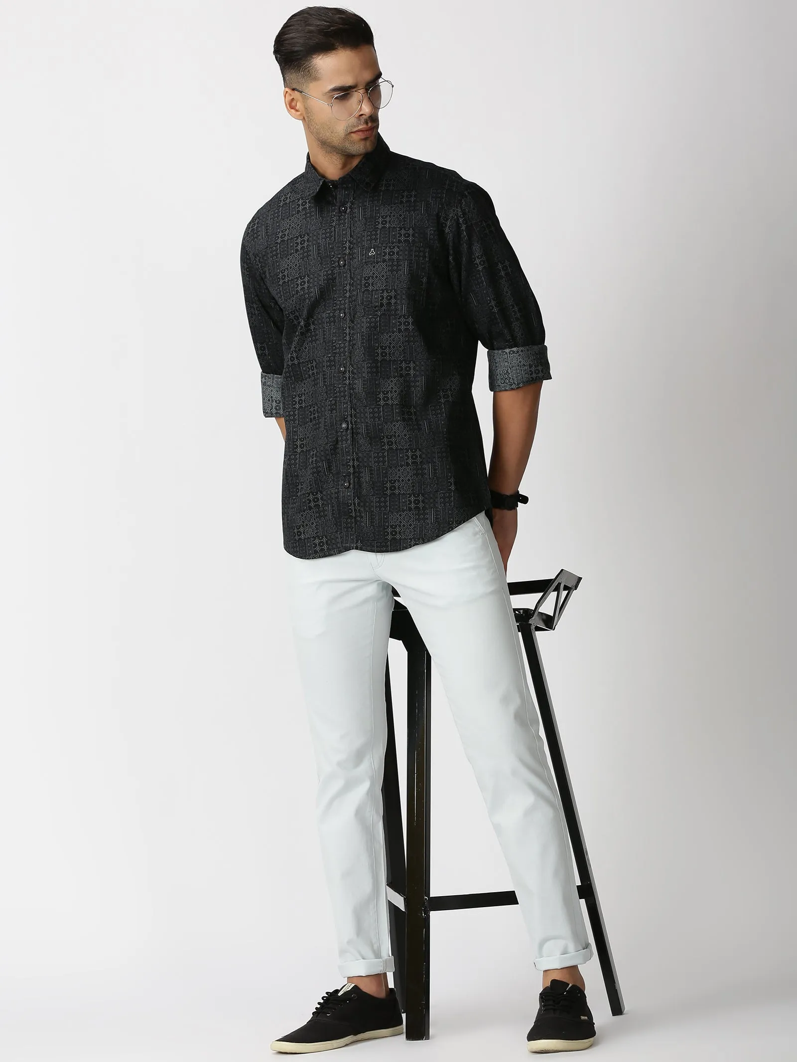 MEN'S BLACK PRINT SLIM FIT SHIRT