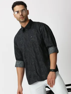 MEN'S BLACK PRINT SLIM FIT SHIRT