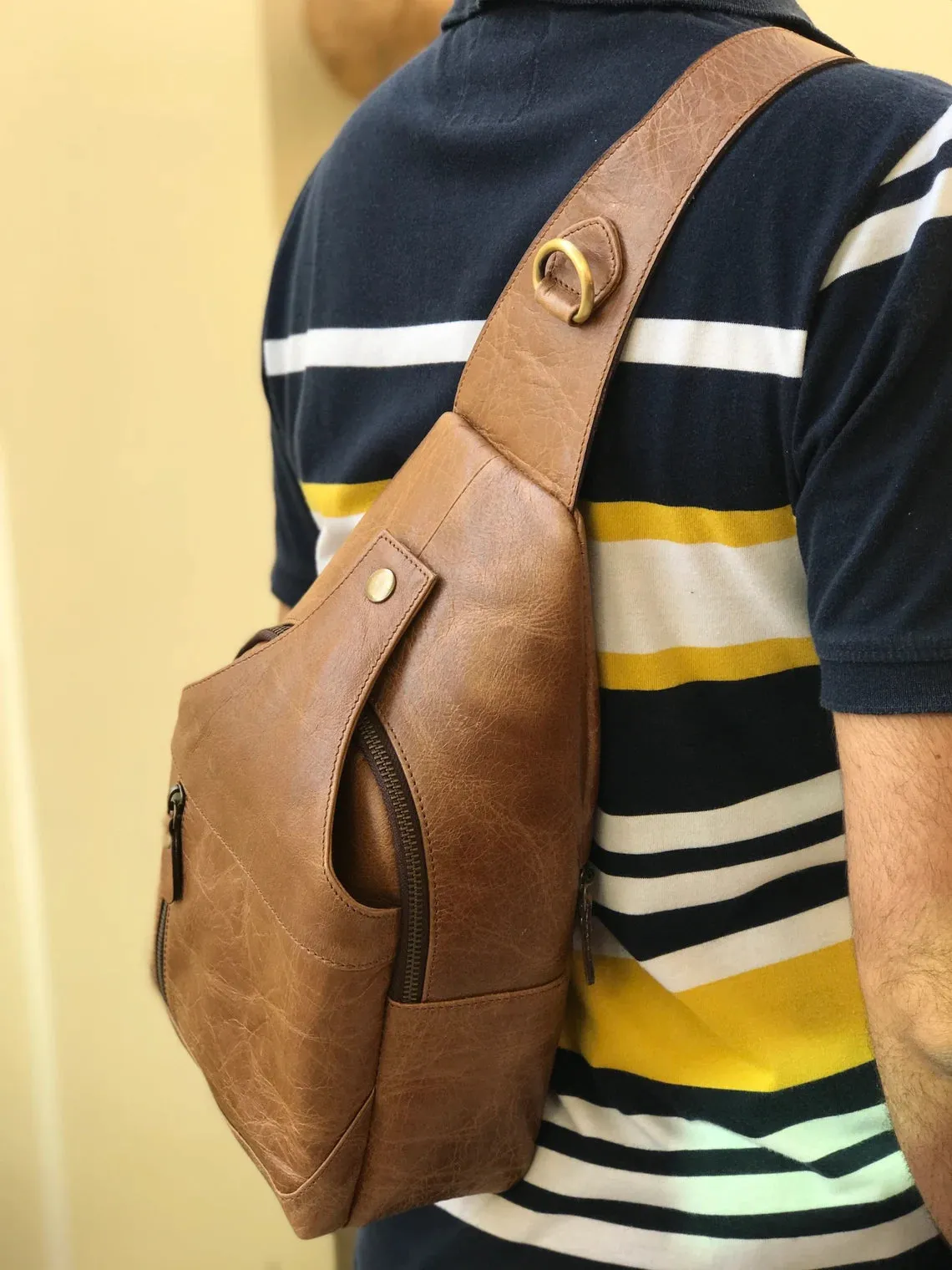 Modern Leather Chest Bag - Caramel