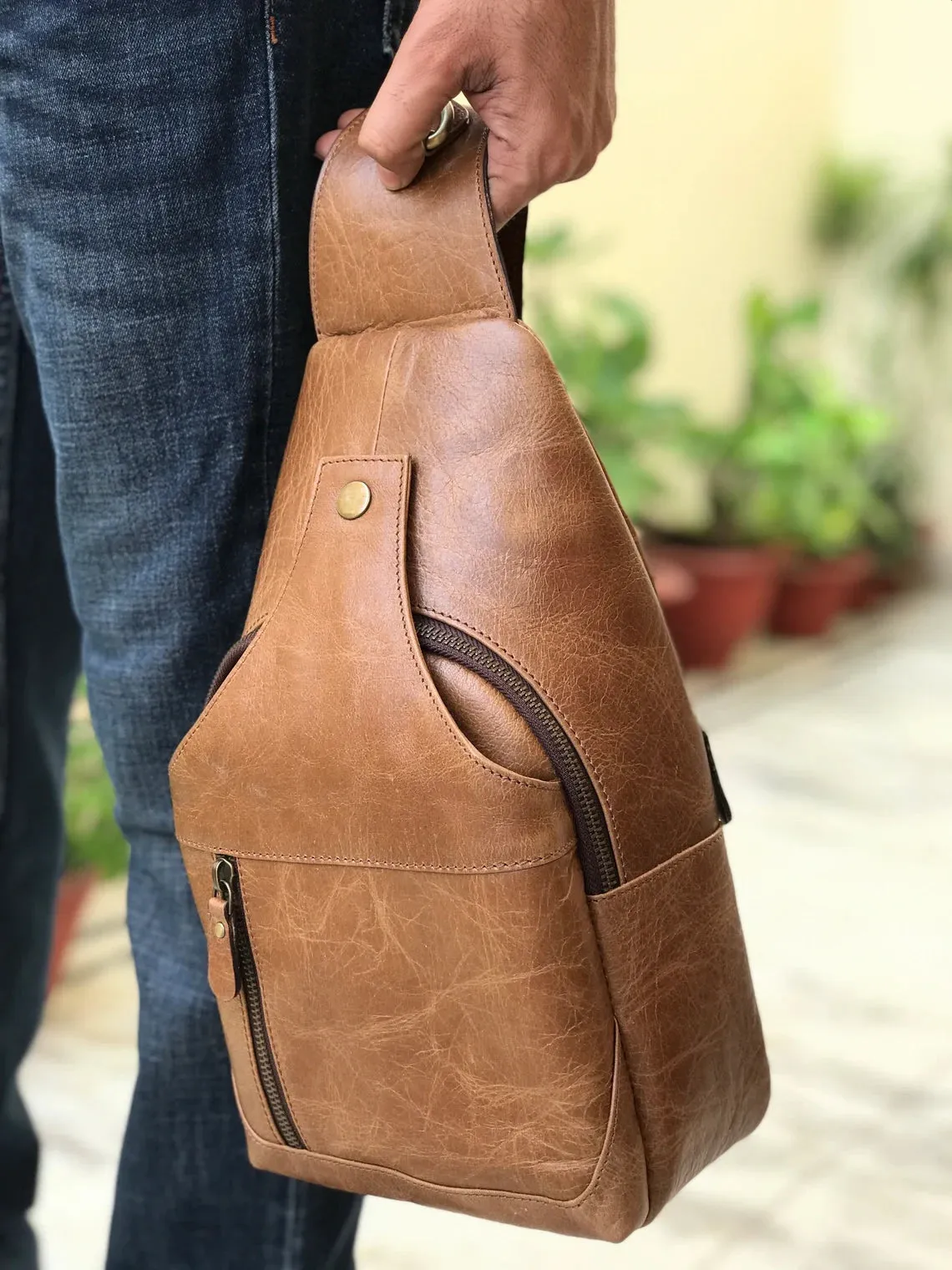 Modern Leather Chest Bag - Caramel