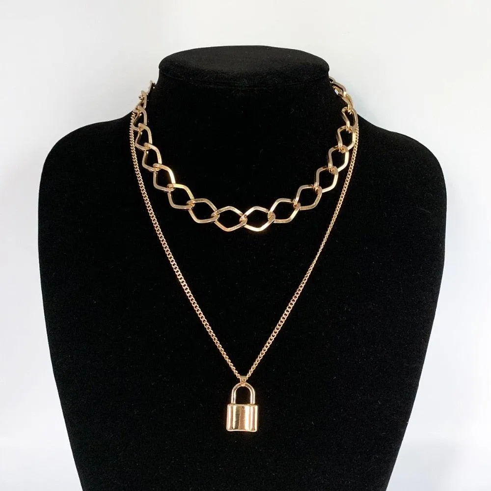 Multi-Layered Lock Pendant Necklace