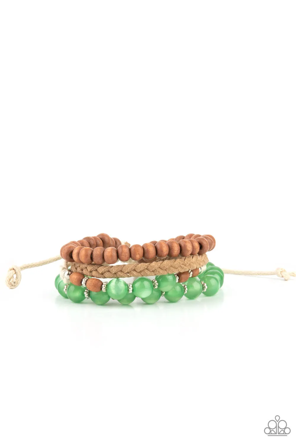 Paparazzi Down HOMESPUN - Green Cat's Eye Bead Urban Sliding Knot Closure Bracelet