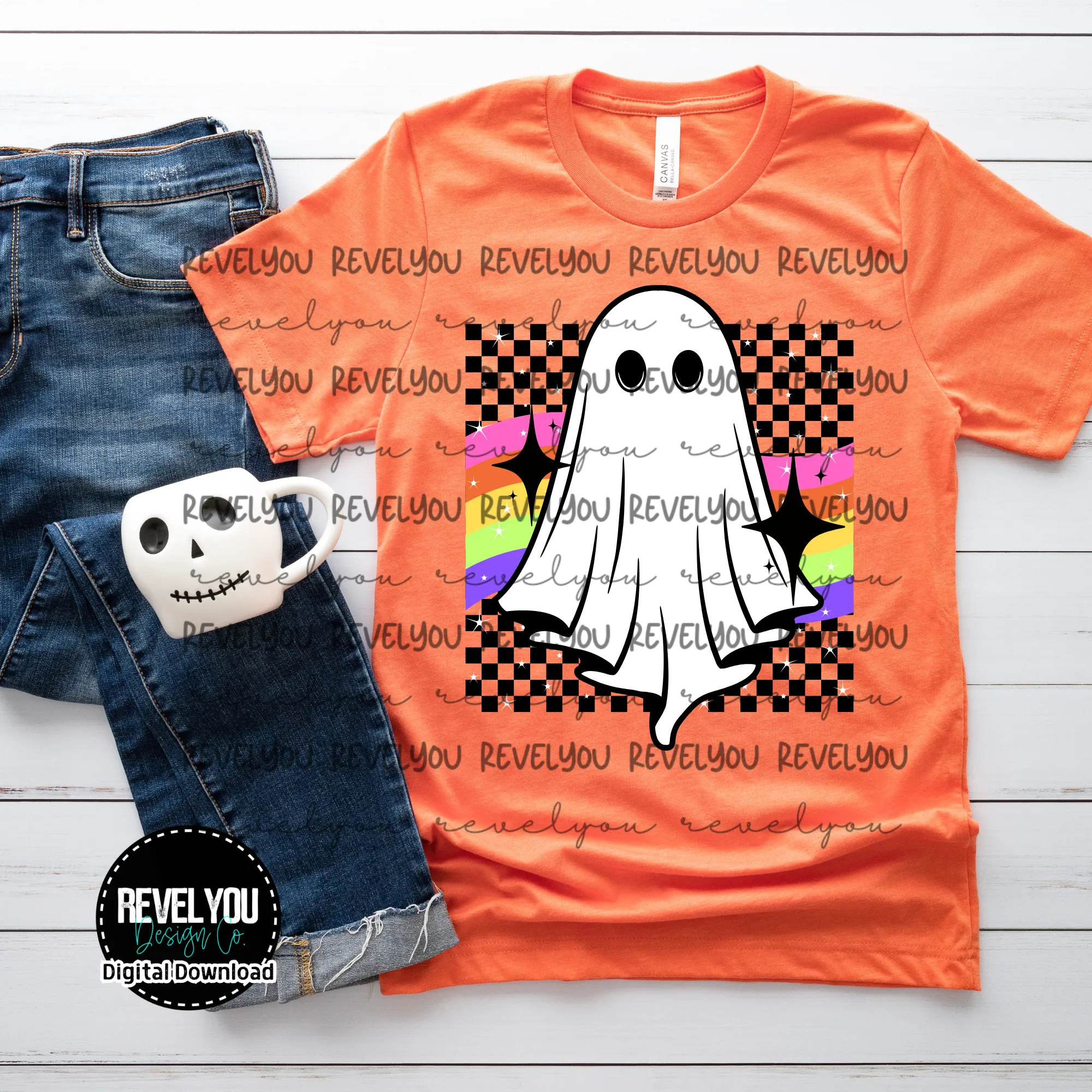 Retro Checkered Ghost - PNG