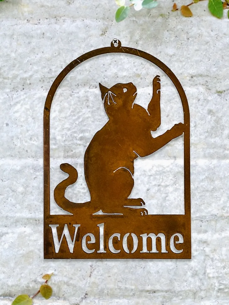 Rustic Cat Welcome Sign Garden Art