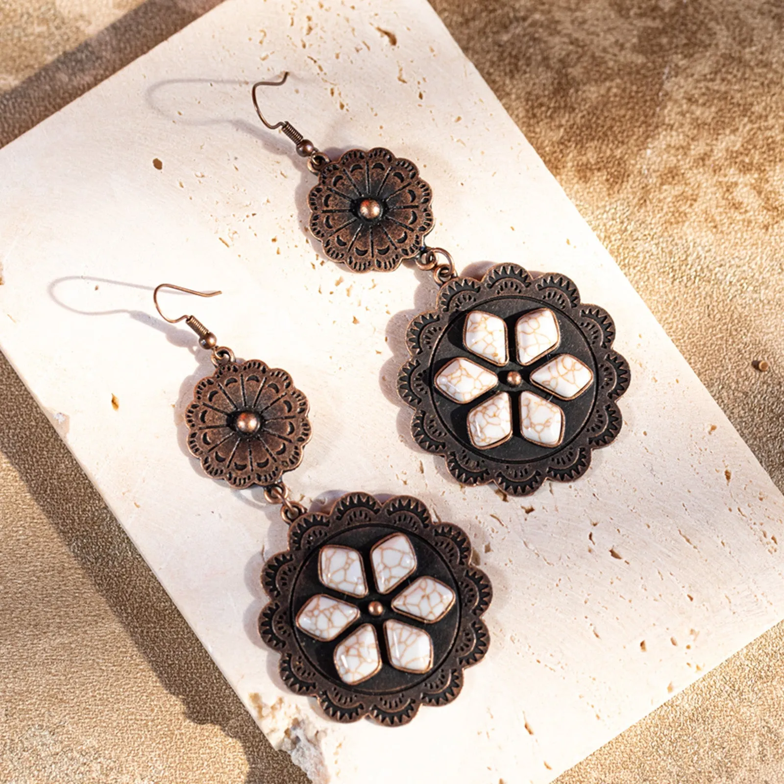 Rustic Couture Navajo Silver/Bronze Concho Stone Dangle Earrings