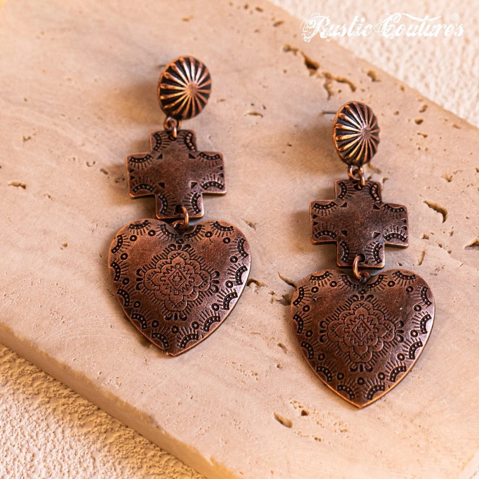 Rustic Couture's  Heart Earrings Etching Dangle & Drop