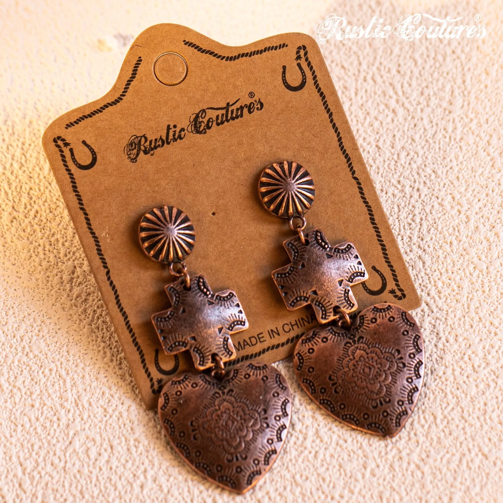 Rustic Couture's  Heart Earrings Etching Dangle & Drop