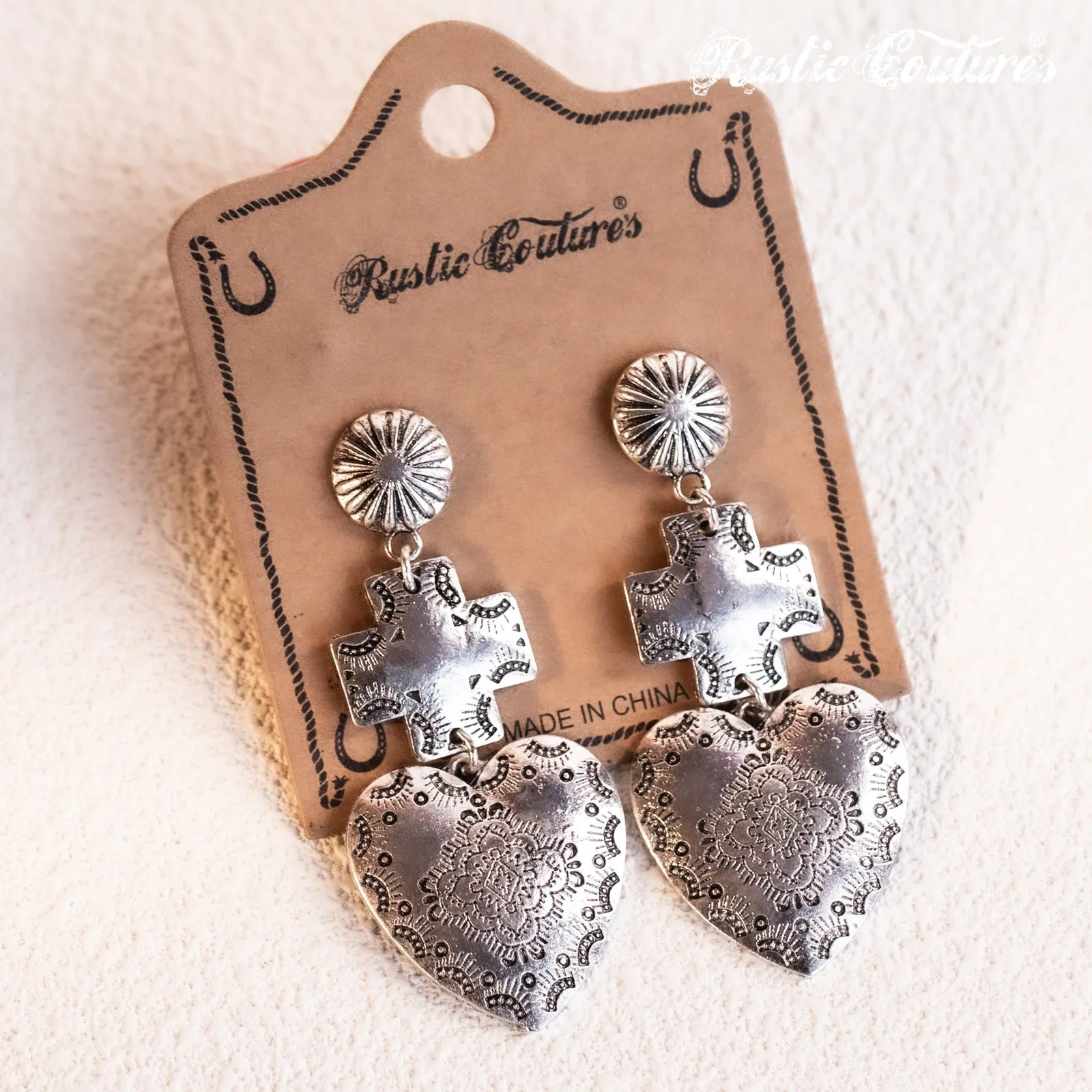 Rustic Couture's  Heart Earrings Etching Dangle & Drop