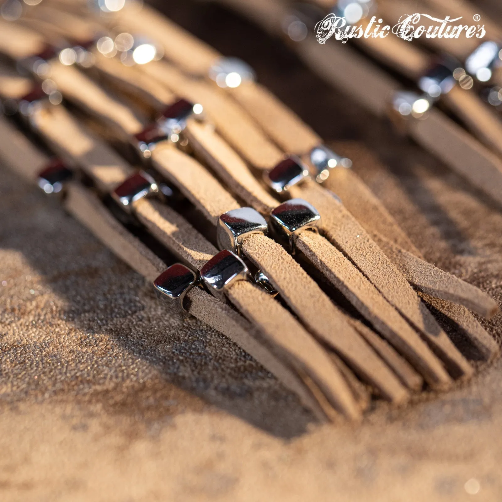 Rustic Couture's  Hoop Long Suede Fringe Silver Beaded Statement Earrings