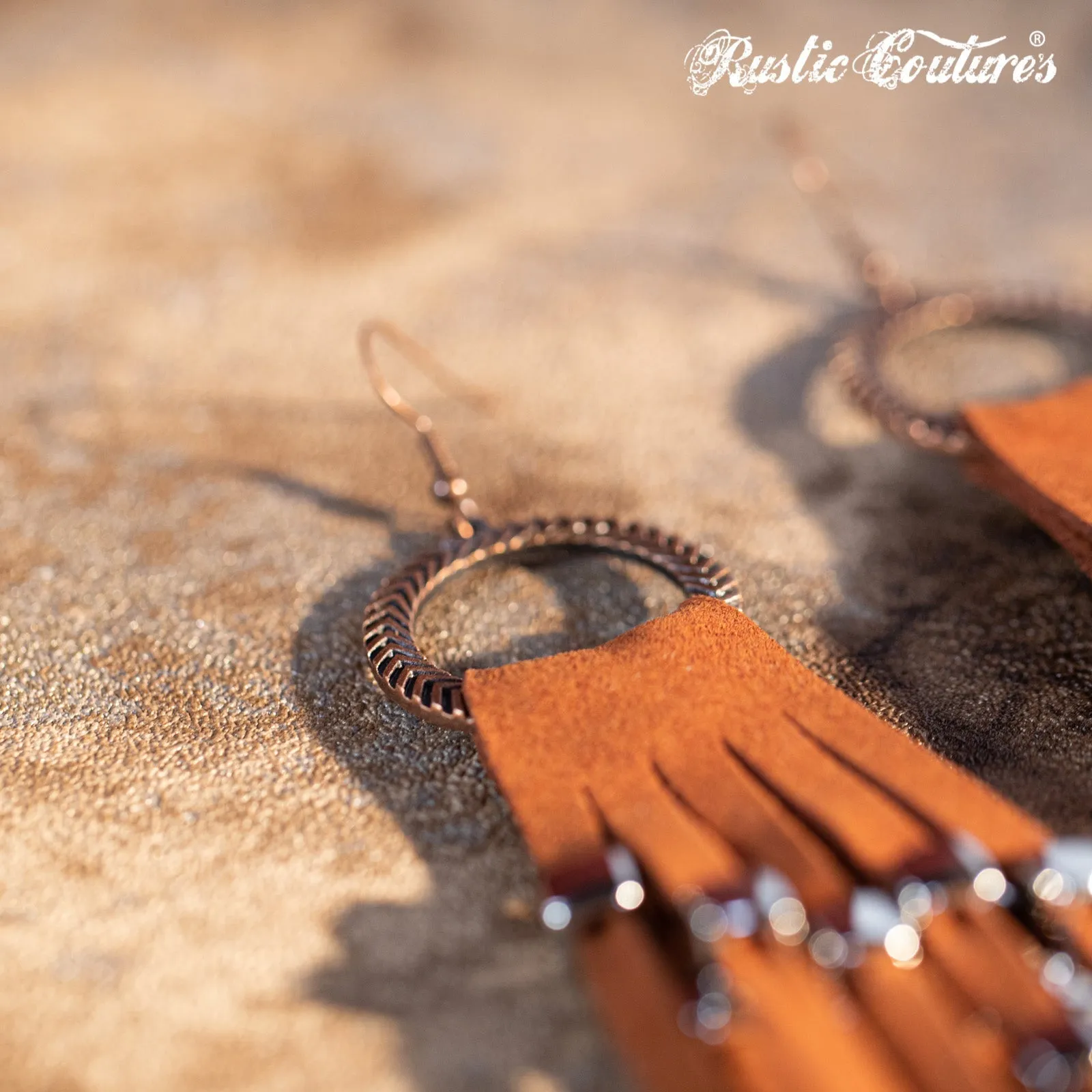 Rustic Couture's  Hoop Long Suede Fringe Silver Beaded Statement Earrings