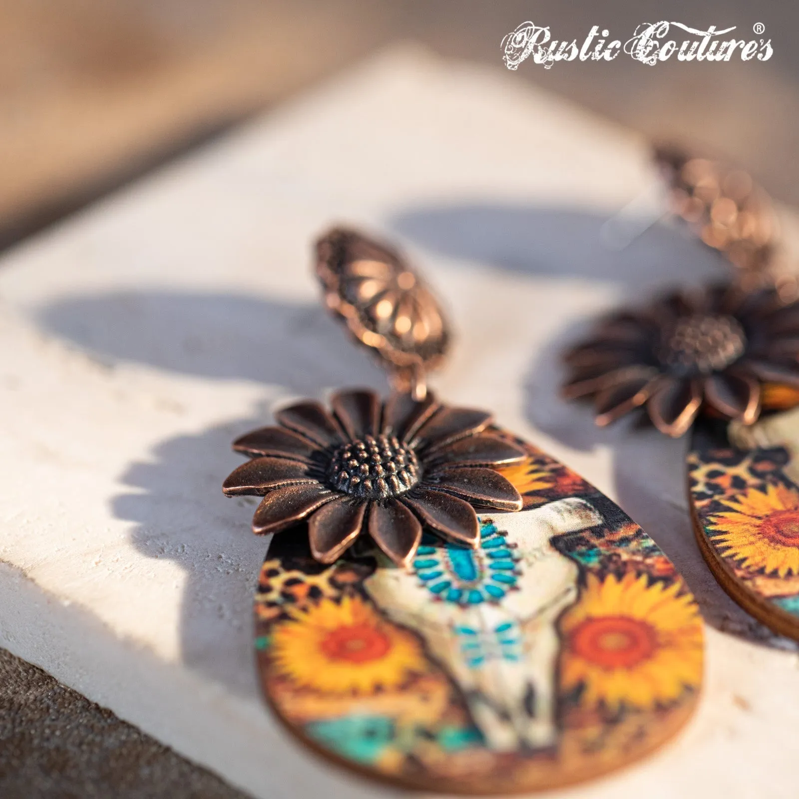 Rustic Couture's Metal Sunflower Wood Painted Bull Skull Dangling Earring