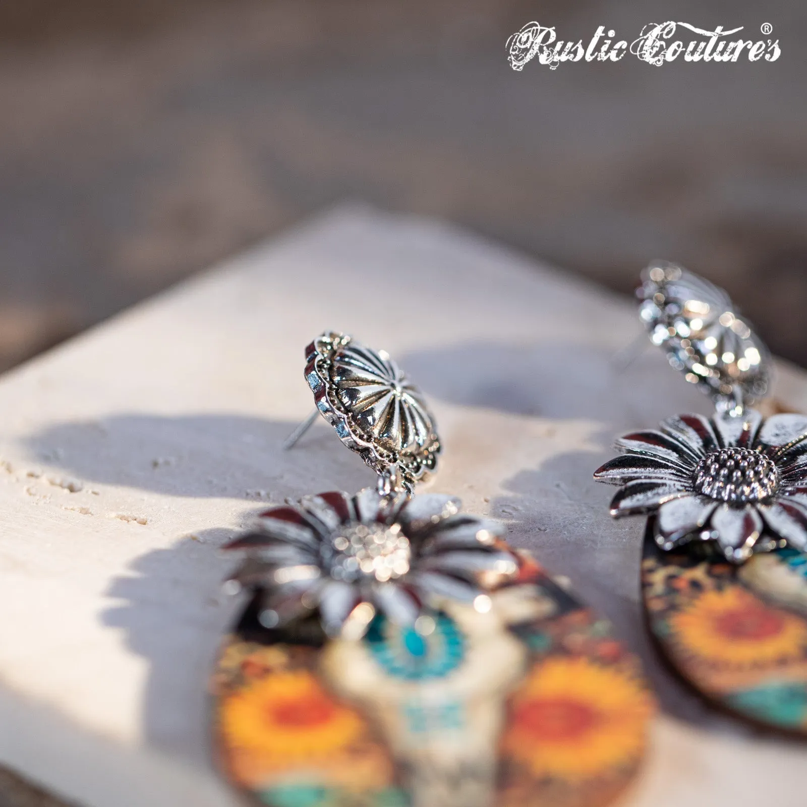 Rustic Couture's Metal Sunflower Wood Painted Bull Skull Dangling Earring