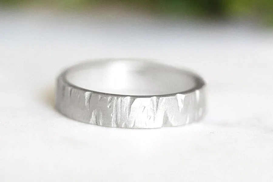 Silver Rustic Carved Bark Band